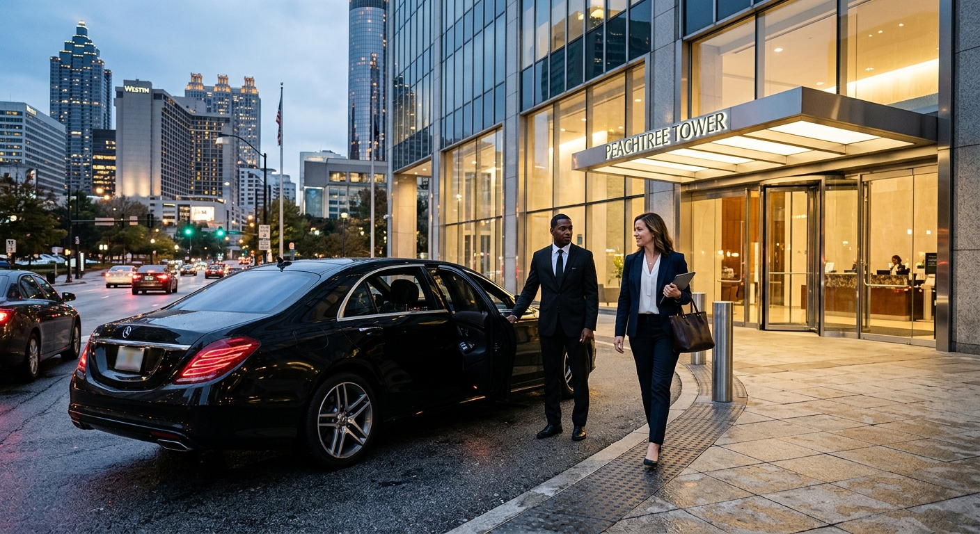 Business travelers arriving at a meeting in Atlanta with a professional chauffeur service