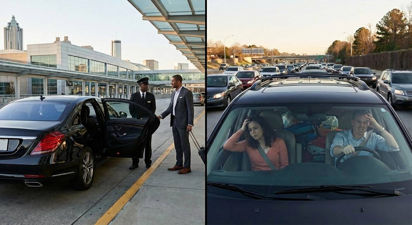 Comparison of Atlanta airport car service and driving yourself, showing convenience, stress-free travel, and professional drivers