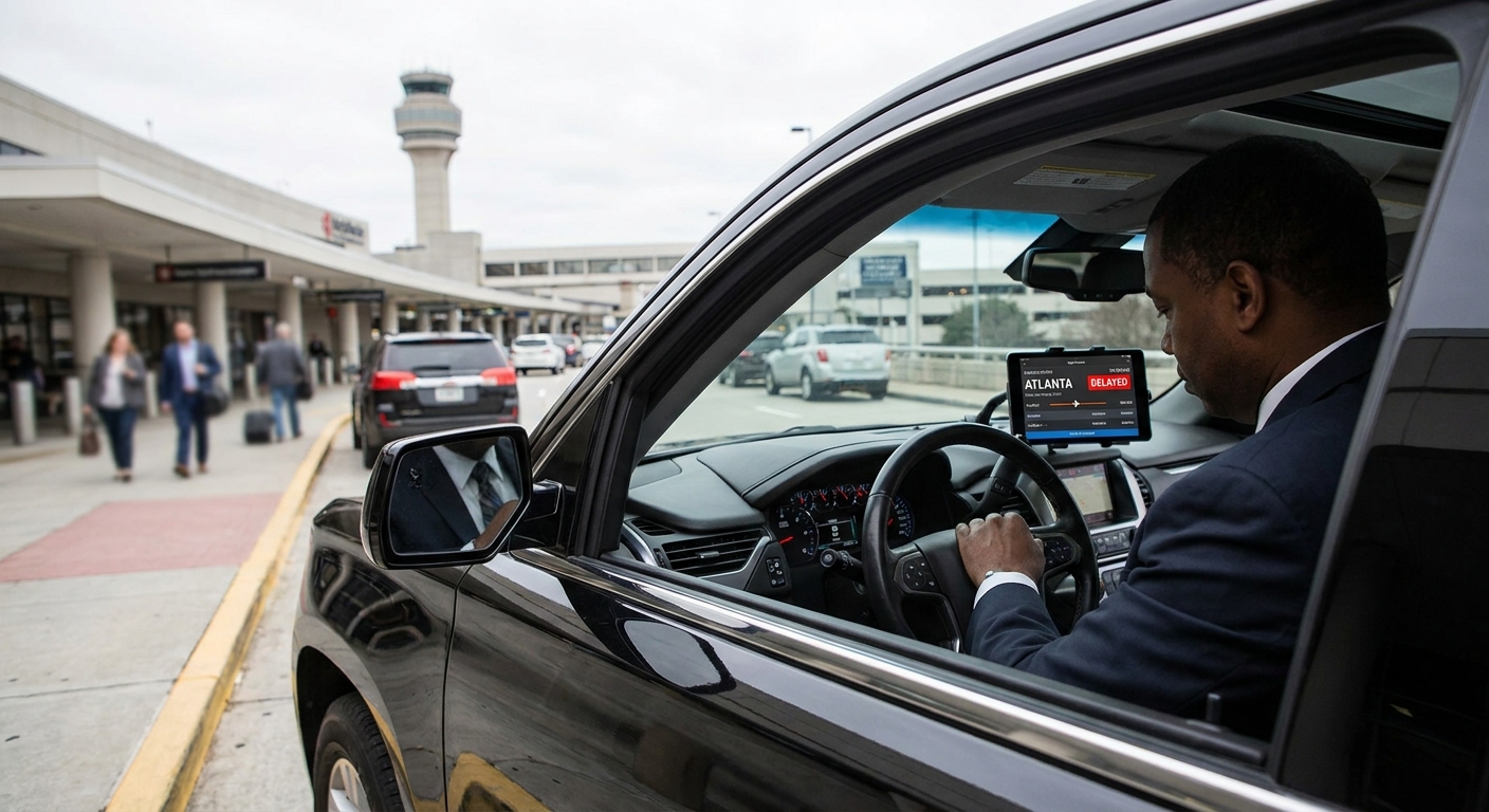 Atlanta airport car service waiting for delayed flight with real-time tracking and coordination