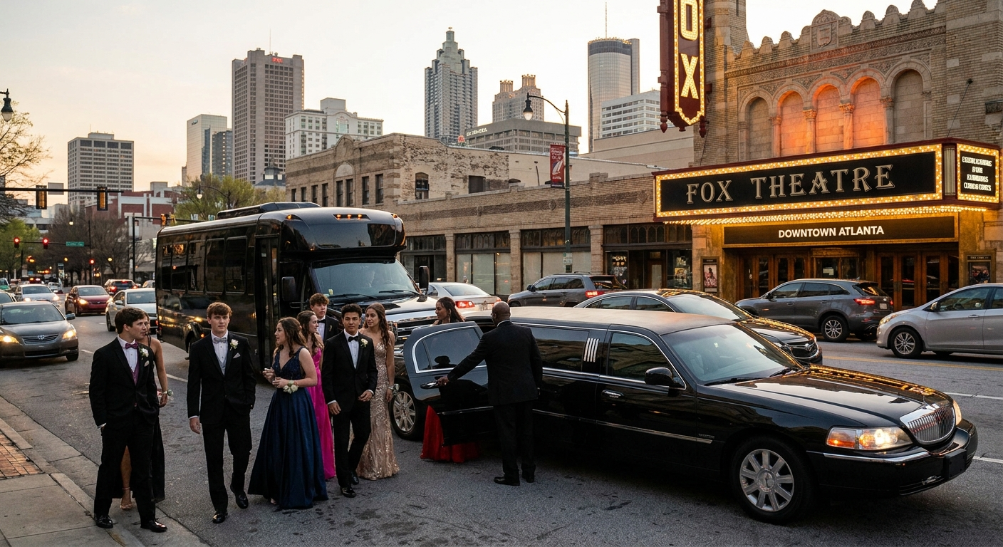 Luxury prom transportation in Atlanta with teens arriving in style